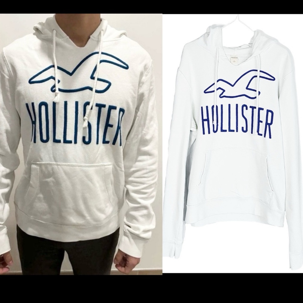 Hollister Mens Y2K Off-White Pullover Hoodie Sweatshirt with Navy Logo size L